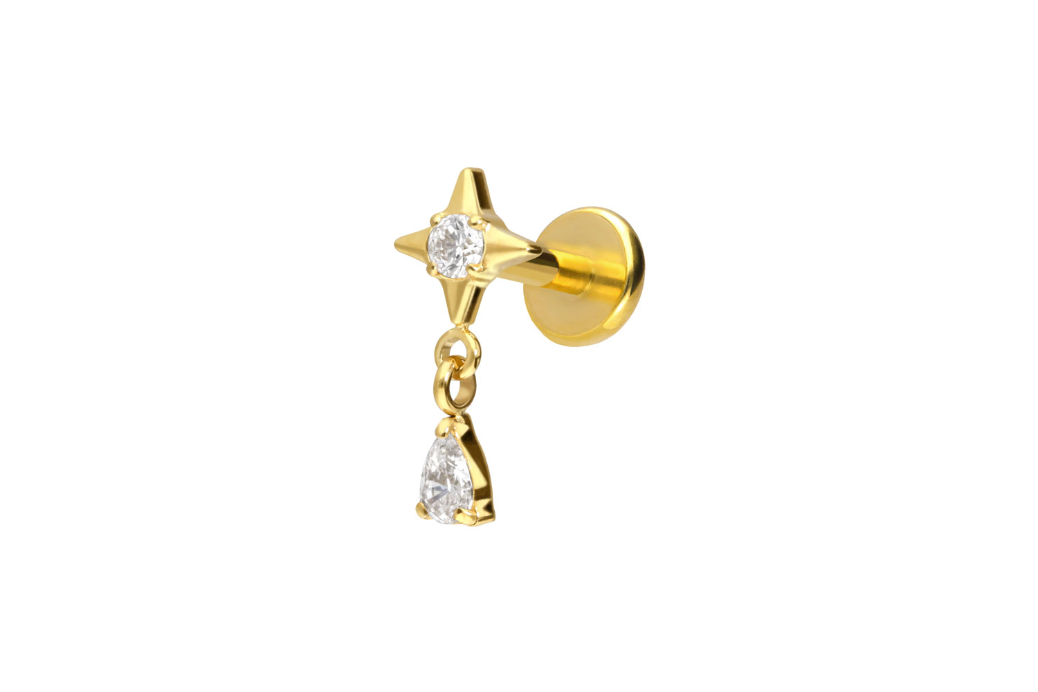 Titan Labret Piercing mit Push Fit STERN + KRISTALLTROPFEN